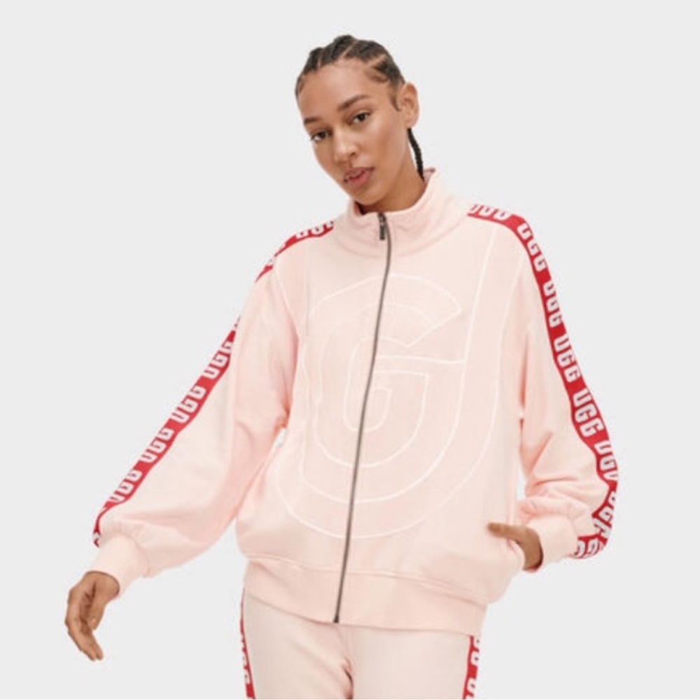 UGG Women's Light Pink Zip-Up Jacket Sweater With Red Accents SZ Large